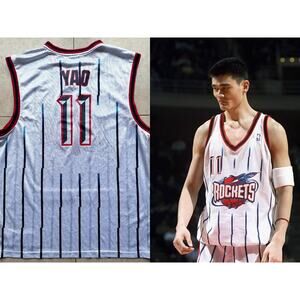 Yao MING 11 Houston Rockets 2000s REEBOK Pinstripe ROOKIE jersey L white NBA vtg